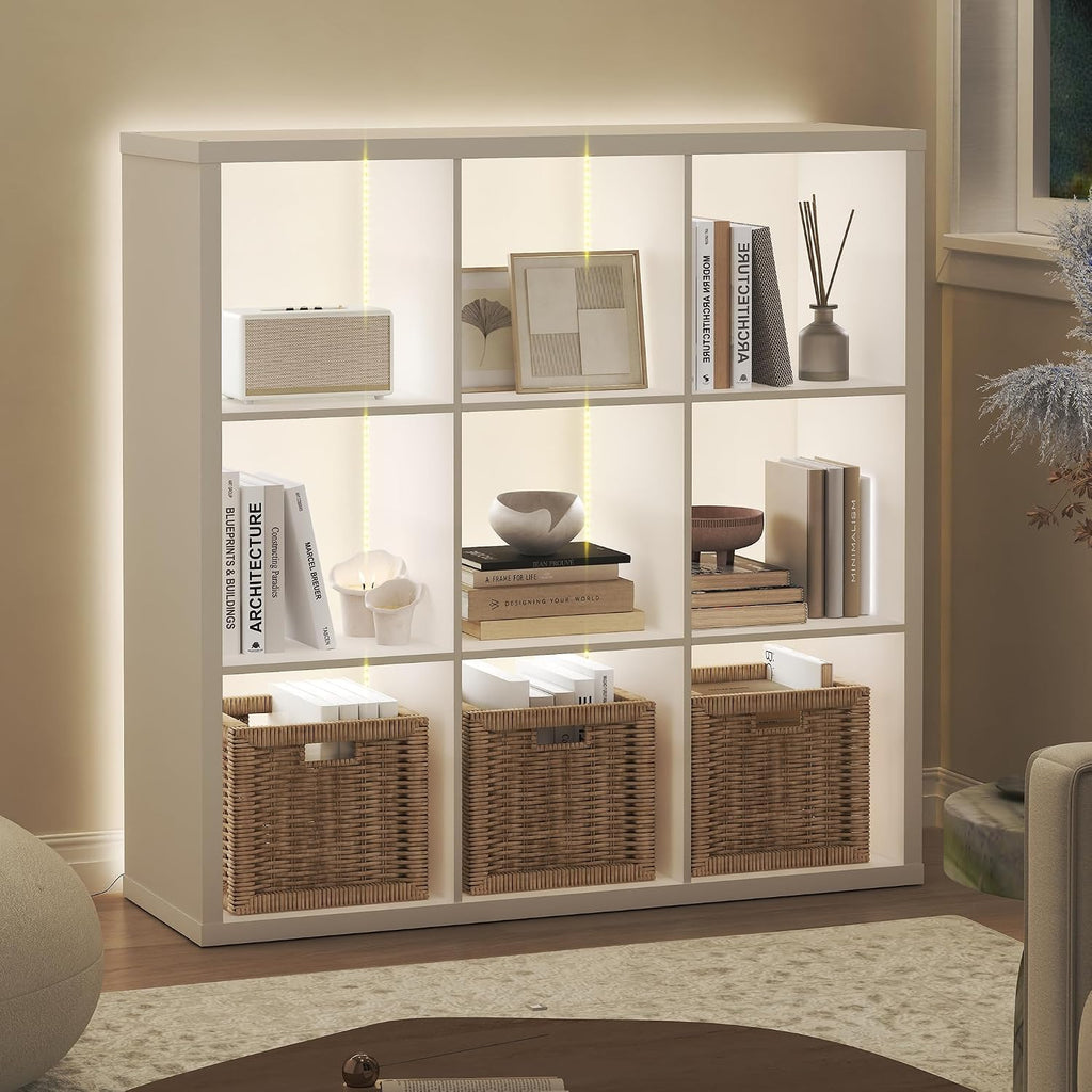 Cubicle Book Shelf with LED Lights, 9-Cube Bookshelf, Reversible Extra Thick Frame Bookcase, Display Storage Shelves, for Living Room, Bedroom, Home Office, White