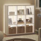 Cubicle Book Shelf with LED Lights, 9-Cube Bookshelf, Reversible Extra Thick Frame Bookcase, Display Storage Shelves, for Living Room, Bedroom, Home Office, White
