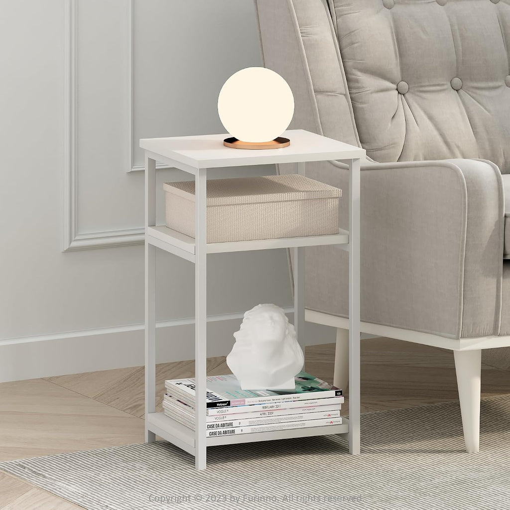JUST 3-Tier Telephone Table, Metal Frame Modern Side Table with Open Shelf, Night Stand, Bedside Table, Easy Assembly, for Living Room, Bedroom, White