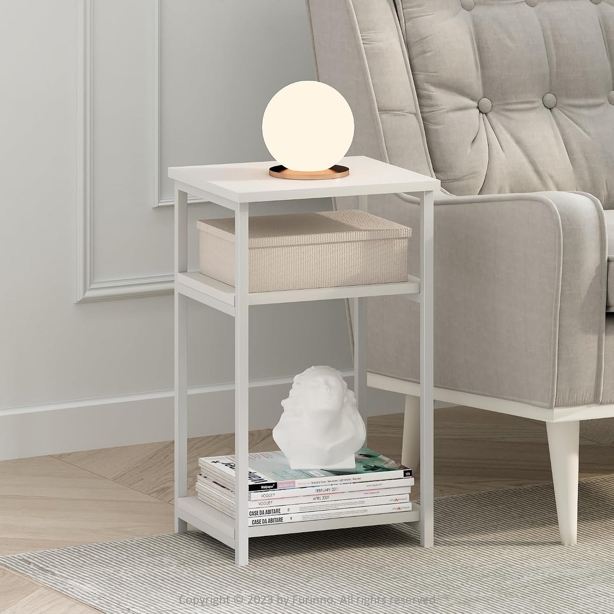 JUST 3-Tier Telephone Table, Metal Frame Modern Side Table with Open Shelf, Night Stand, Bedside Table, Easy Assembly, for Living Room, Bedroom, White