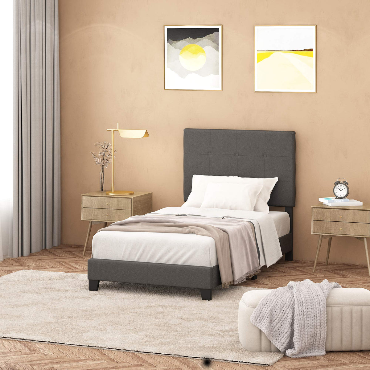 Laval Button Tufted Upholstered Platform Bed Frame, Queen, Linen