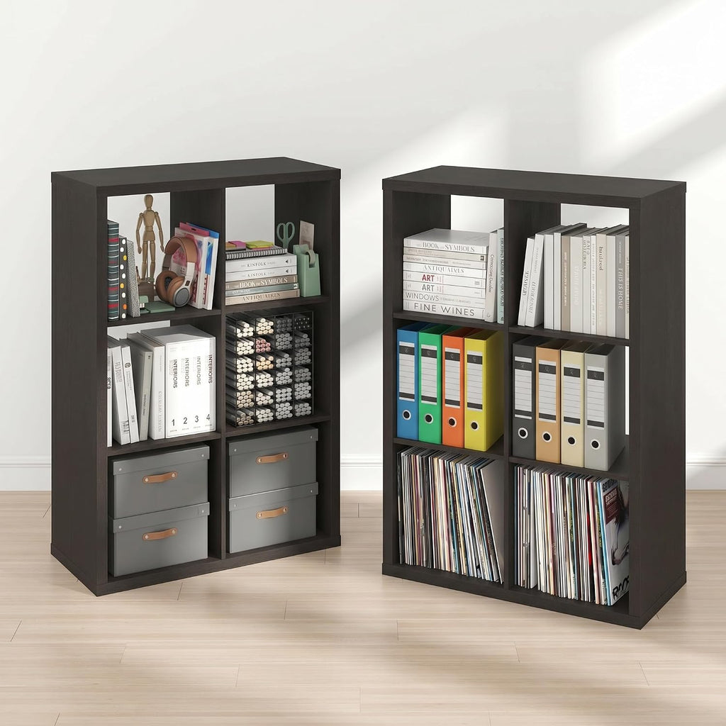 Cubicle Book Shelf Set of 2, 6-Cube Bookshelf, Black Dark Oak