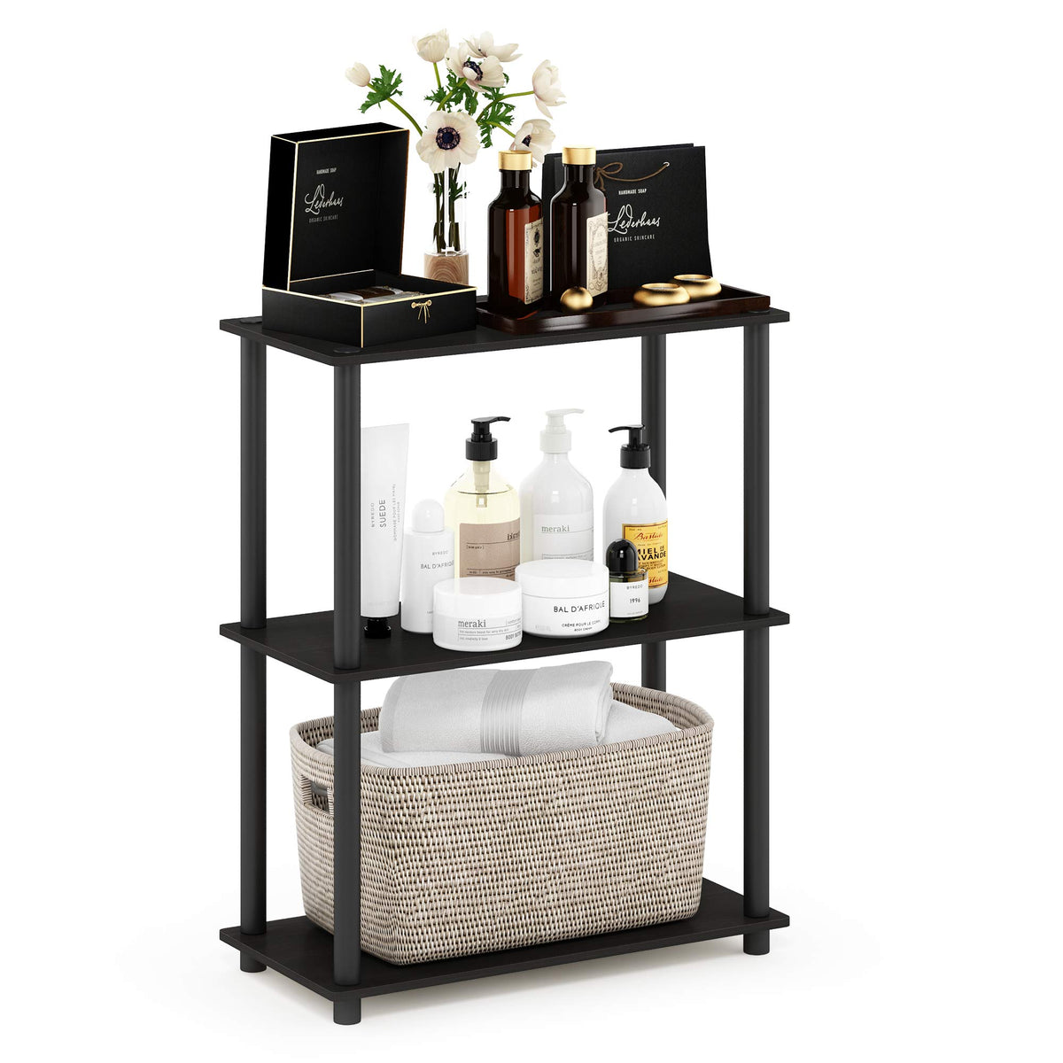 99152BE/WH/IV 3-Tier Go Green Multipurpose Storage Rack Shelving Unit Bookshelf Cabinet with 2 Bins, Beech Finish