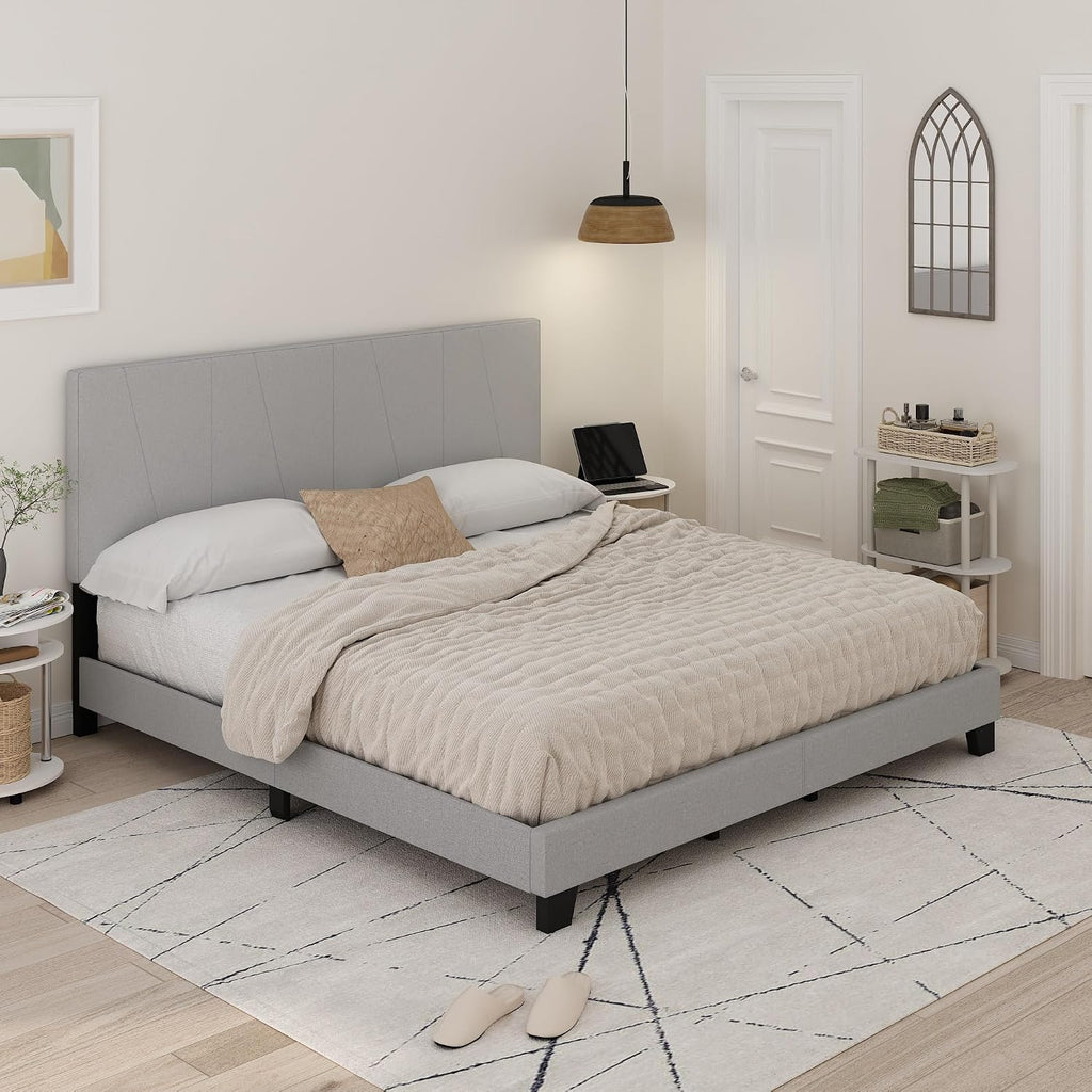 Lucy Bed Frame, King Size Bedframe with Geometric Design Upholstered Headboard, Bed with Adjustable Headboard, No Box Spring Needed, 12pcs Wooden Slat Support, for Bedroom, Dorm, Glacier
