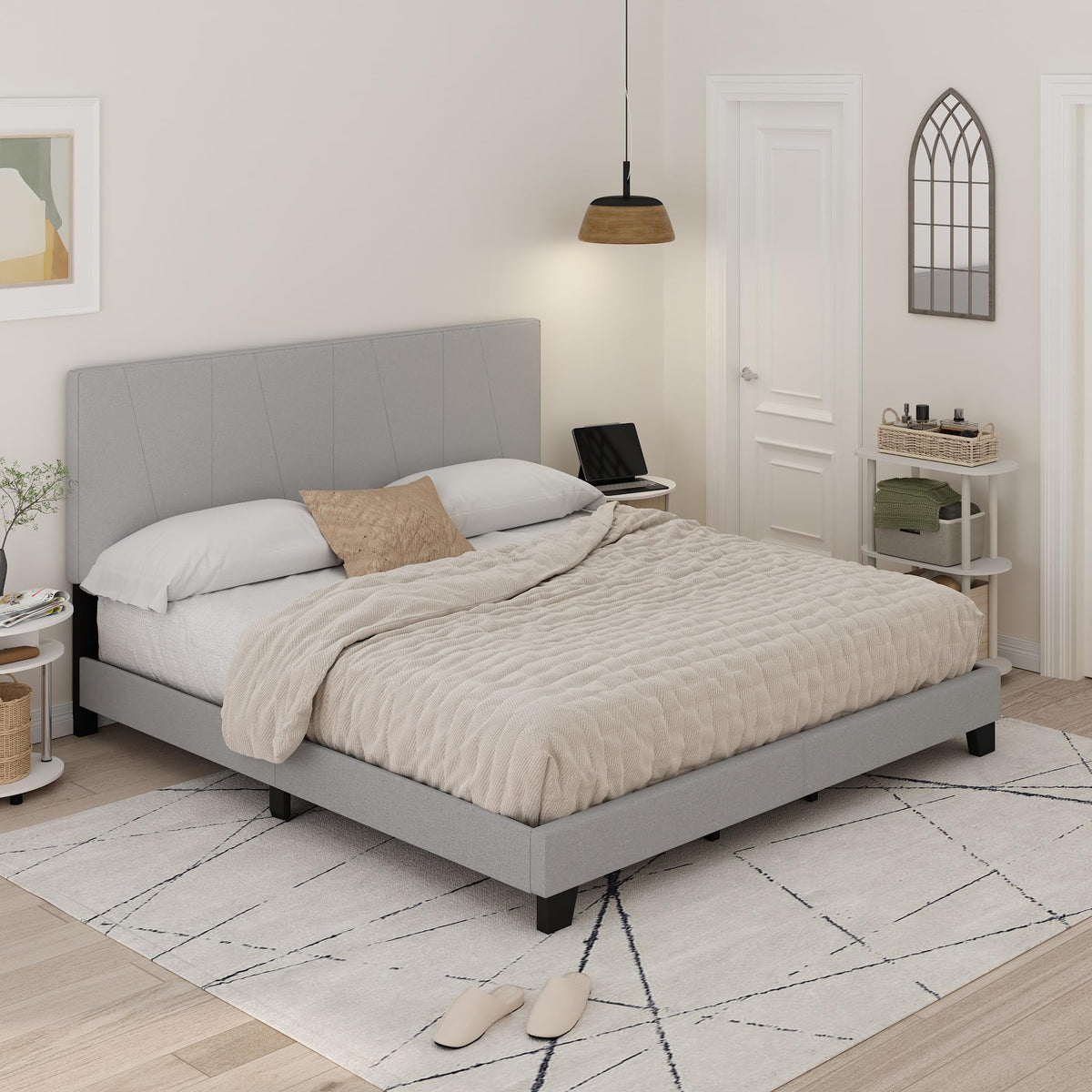 Lucy Bed Frame, Queen Size Bedframe with Geometric Design Upholstered Headboard, Bed with Adjustable Headboard, No Box Spring Needed, 12pcs Wooden Slat Support, for Bedroom, Dorm, Glacier