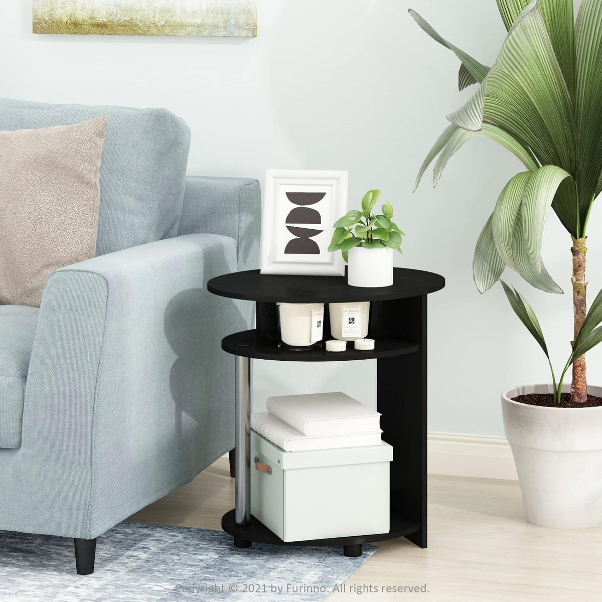 JAYA Simple Design Oval End Table with Bin, Americano/Chrome