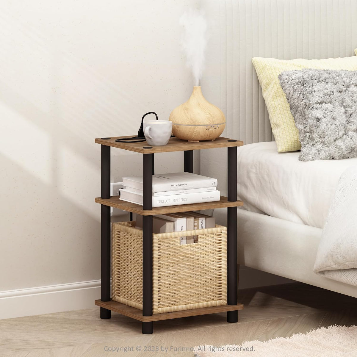 Just 3-Tier Turn-N-Tube USB and Type-C Charging Port End Table with Open Storage, 11.42 (W) x 8.82 (H) x 6.77 (D) inches, Flagstaff Oak/Black