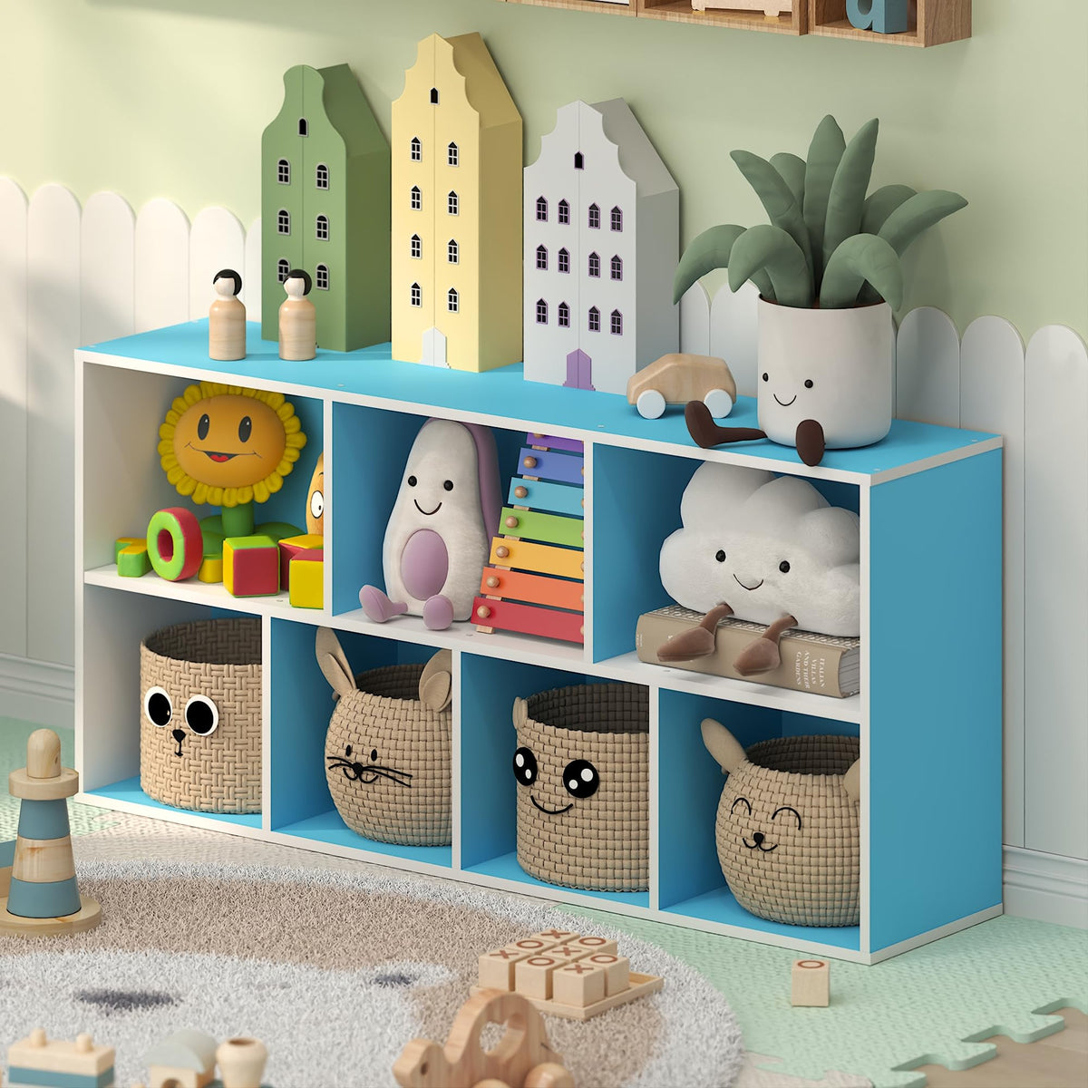 LUDER 7-Cube Book Shelf, Kids Bookshelf, Toy Storage, White/Pink