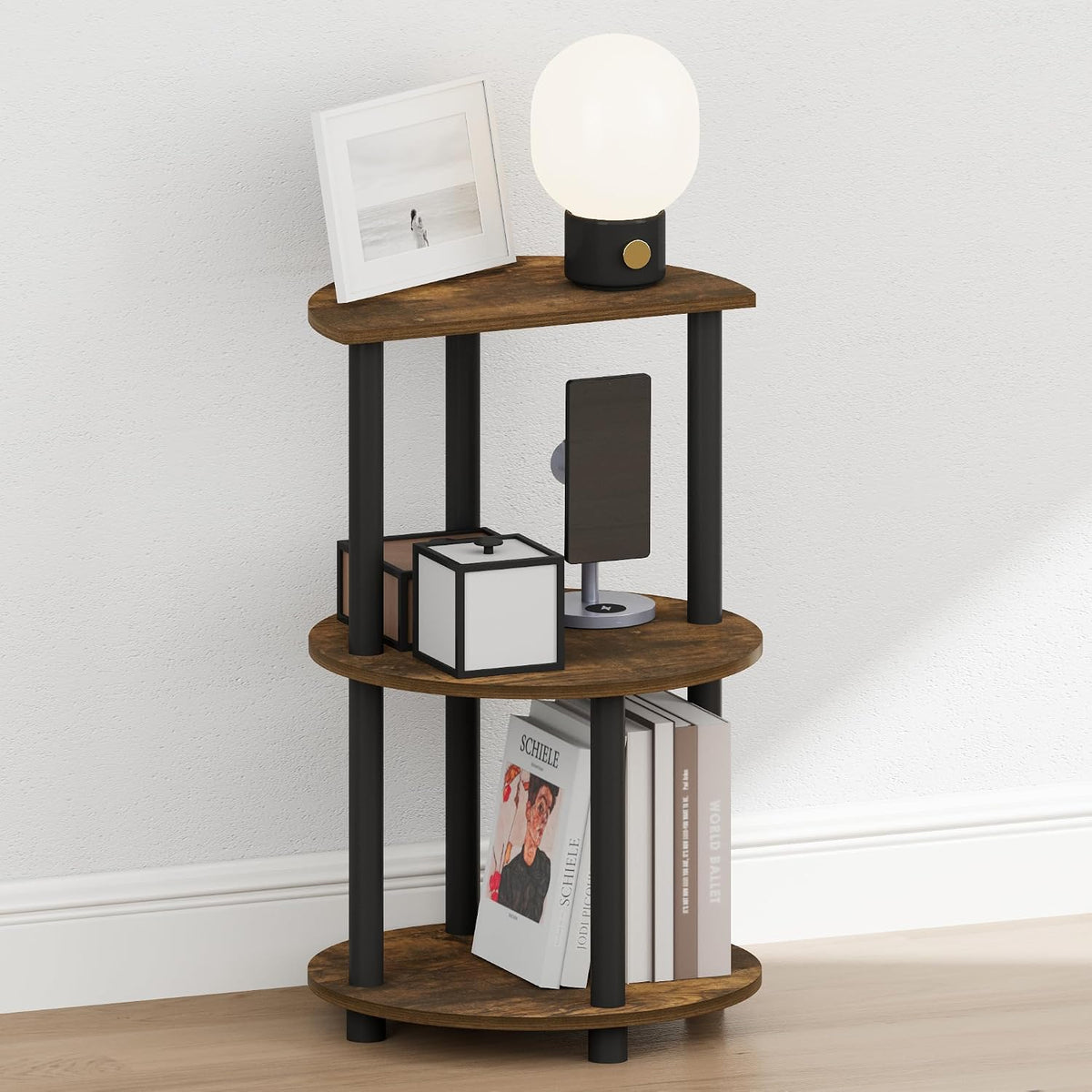 Turn-N-Tube Night Stand, 3-Tier Oval Nightstand, Half Round Top Panel Bedside Table, Side Table, End Table with Open Shelf, for Bedroom, Living Room, Amber Pine