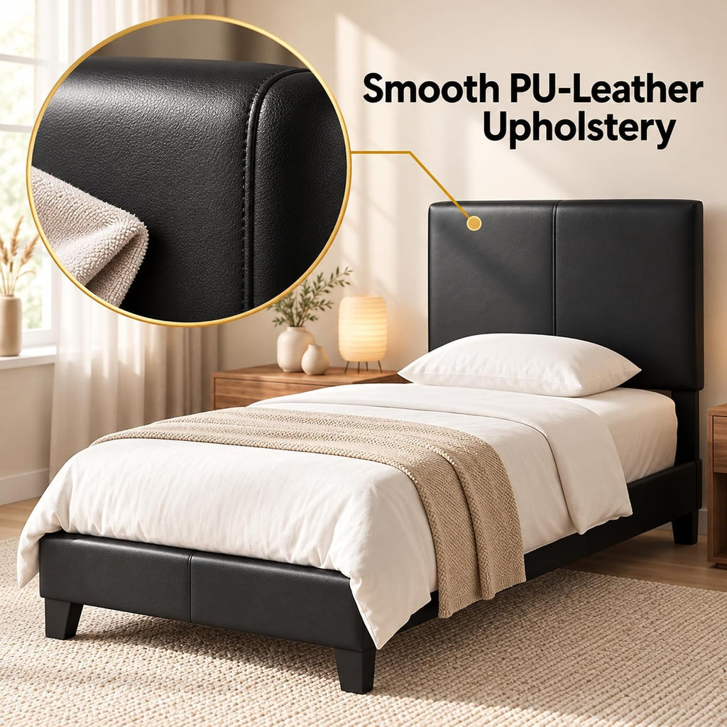 Pessac Bed Frame, Upholstered Bedframe, Twin, Plain Black