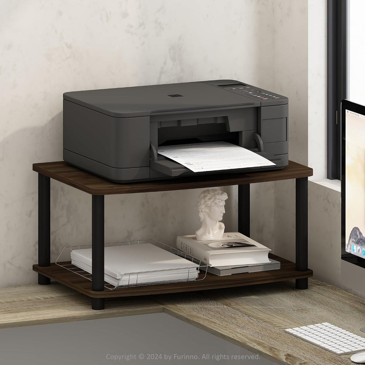 Turn-N-Tube 2-Tier Printer Table with Storage, Under Desk Printer Stand, Toolless Assembly, for CPU, Work Supplies, Home Office, Americano