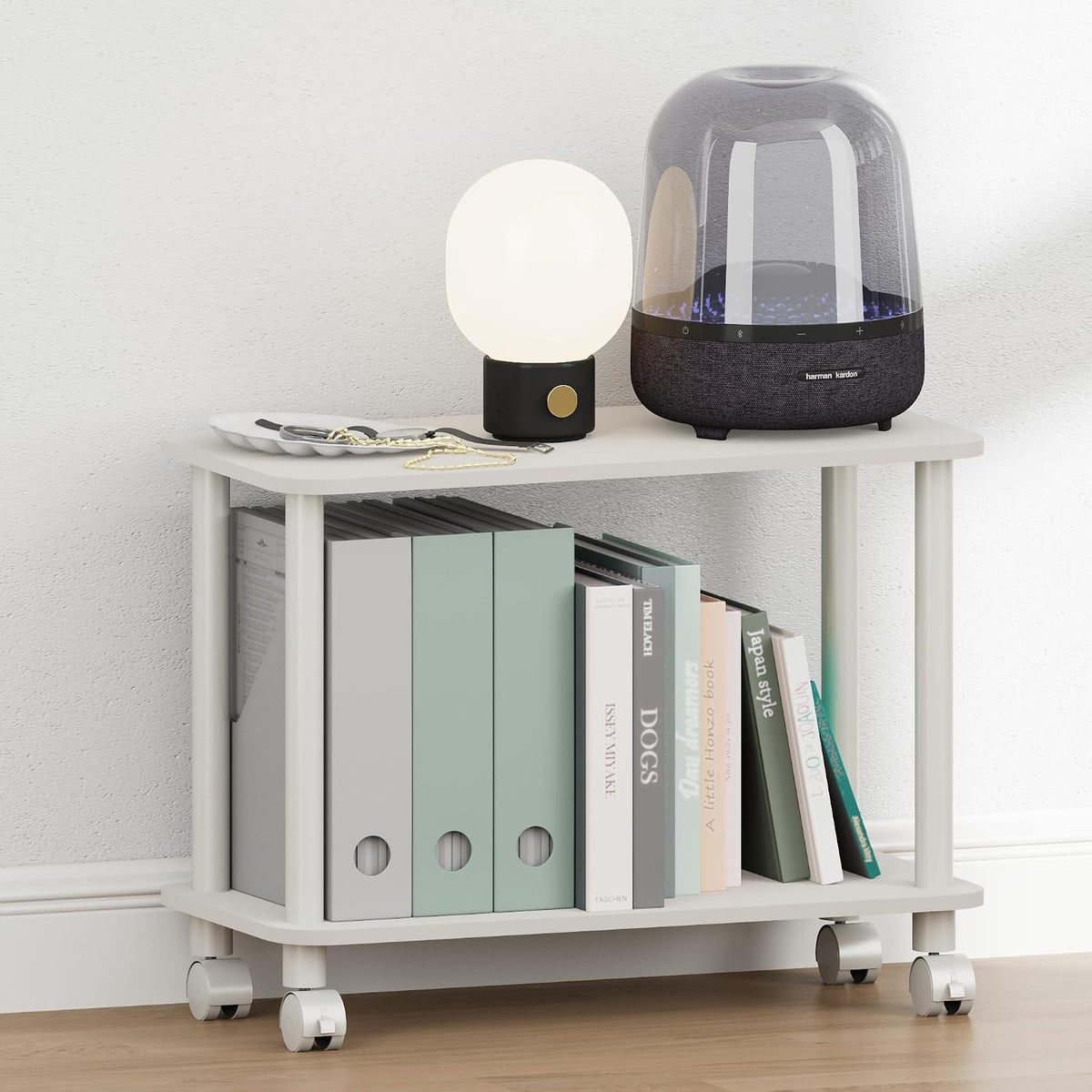 Turn-N-Tube Night Stand, 2-Tier Rectangle Nightstand with Wheels, Round Corner Side Table, End Table with Open Shelf, Toolless Assembly, for Living Room, Bedroom, White