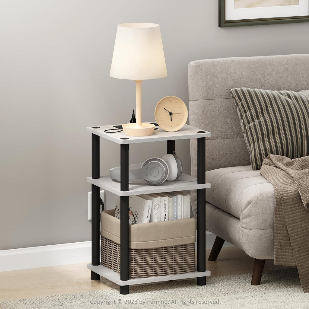 Just 3-Tier Turn-N-Tube USB and Type-C Charging Port End Table with Open Storage, 11.42 (W) x 8.82 (H) x 6.77 (D) inches, Marble White/Black