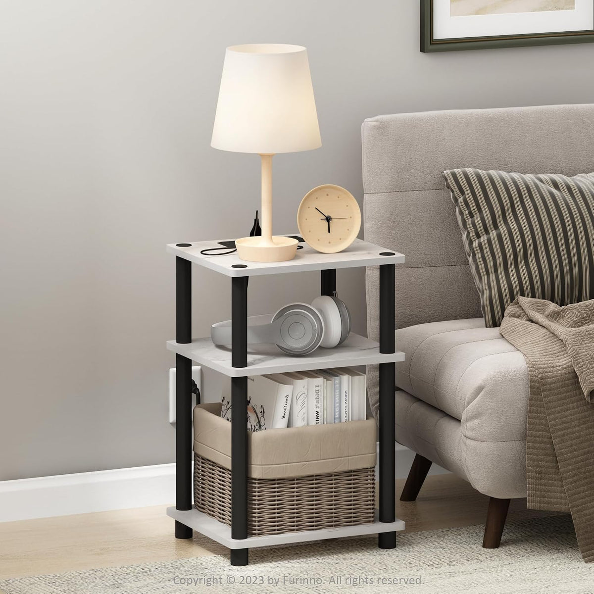 Just 3-Tier Turn-N-Tube USB and Type-C Charging Port End Table with Open Storage, 11.42 (W) x 8.82 (H) x 6.77 (D) inches, Marble White/Black