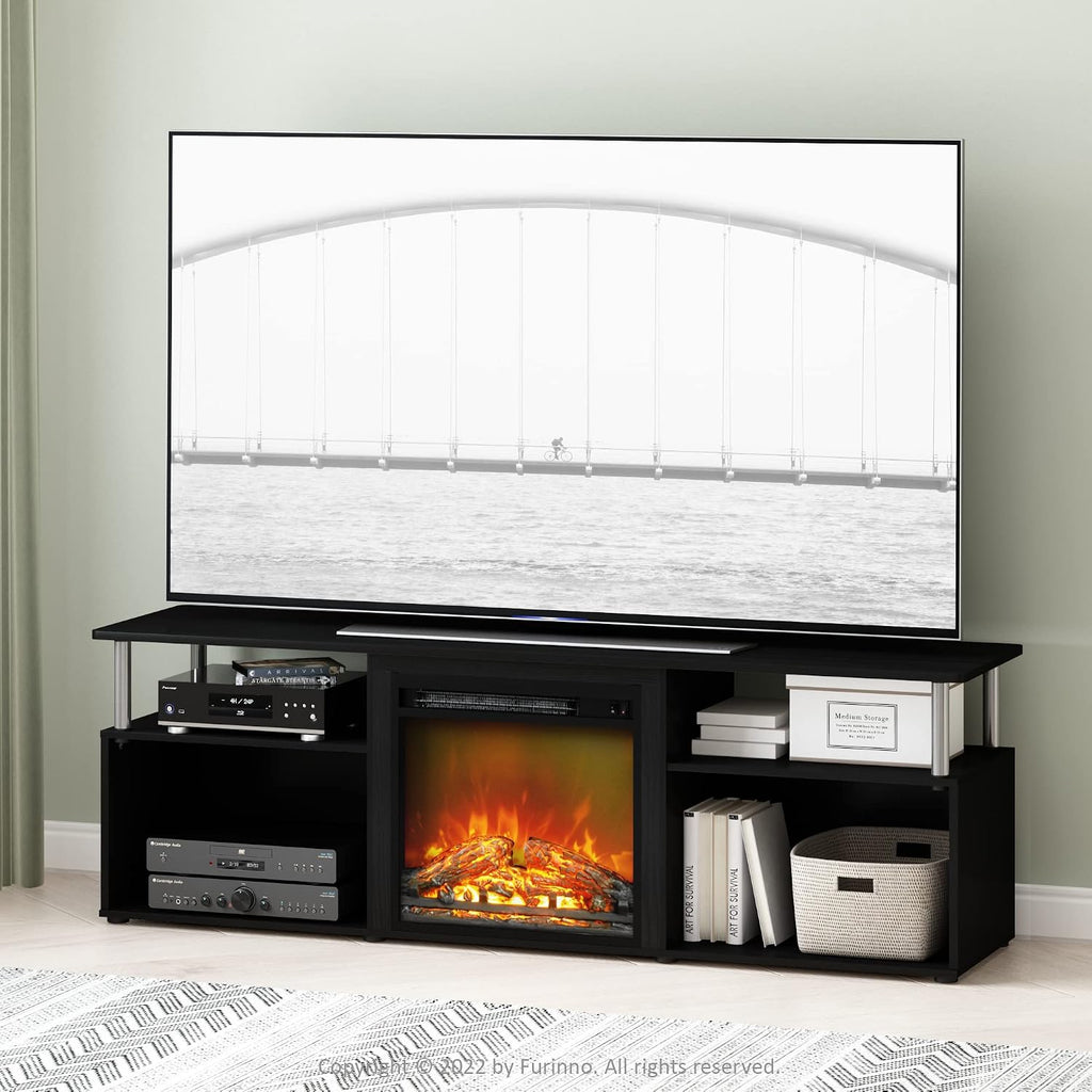 Jensen Open Storage Fireplace Entertainment Center for TV up to 70 Inch with Stainless Steel Tubes, Americano/Chrome
