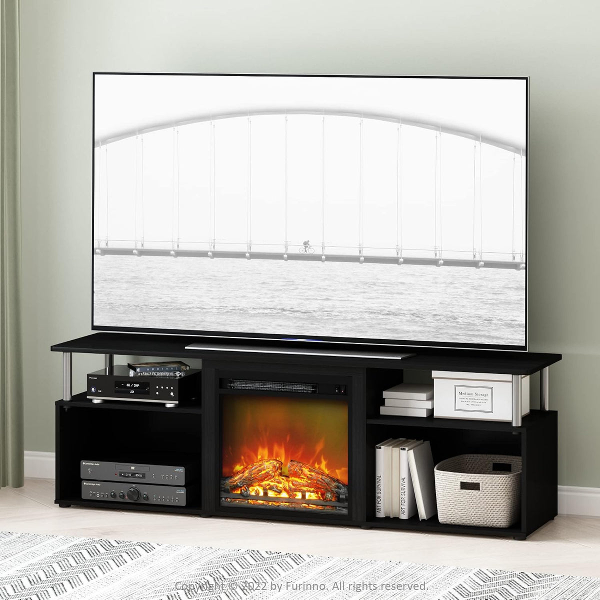 Jensen Open Storage Fireplace Entertainment Center for TV up to 70 Inch with Stainless Steel Tubes, Americano/Chrome