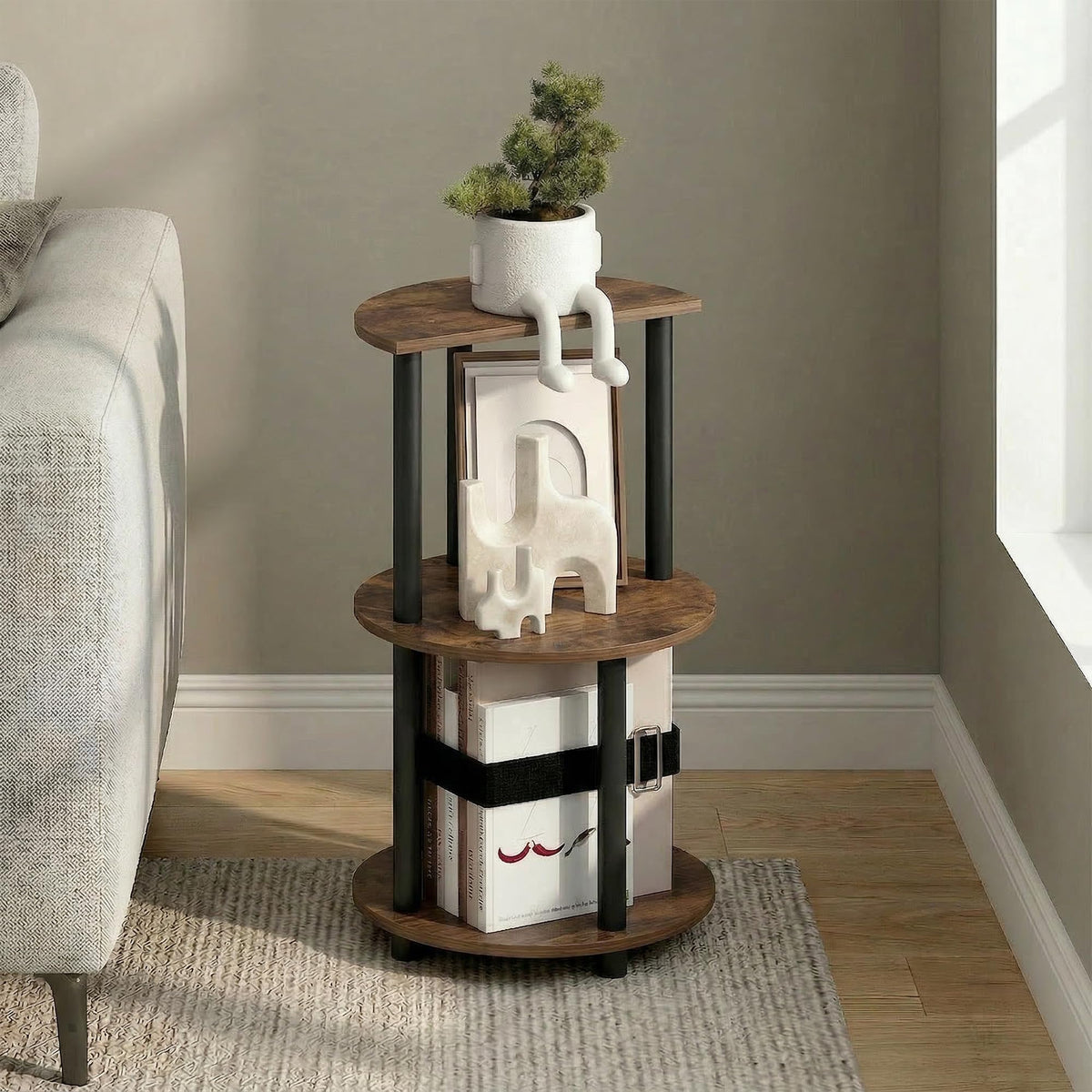 Turn-N-Tube Side Table, 3-Tier Round End Table, Amber Oak