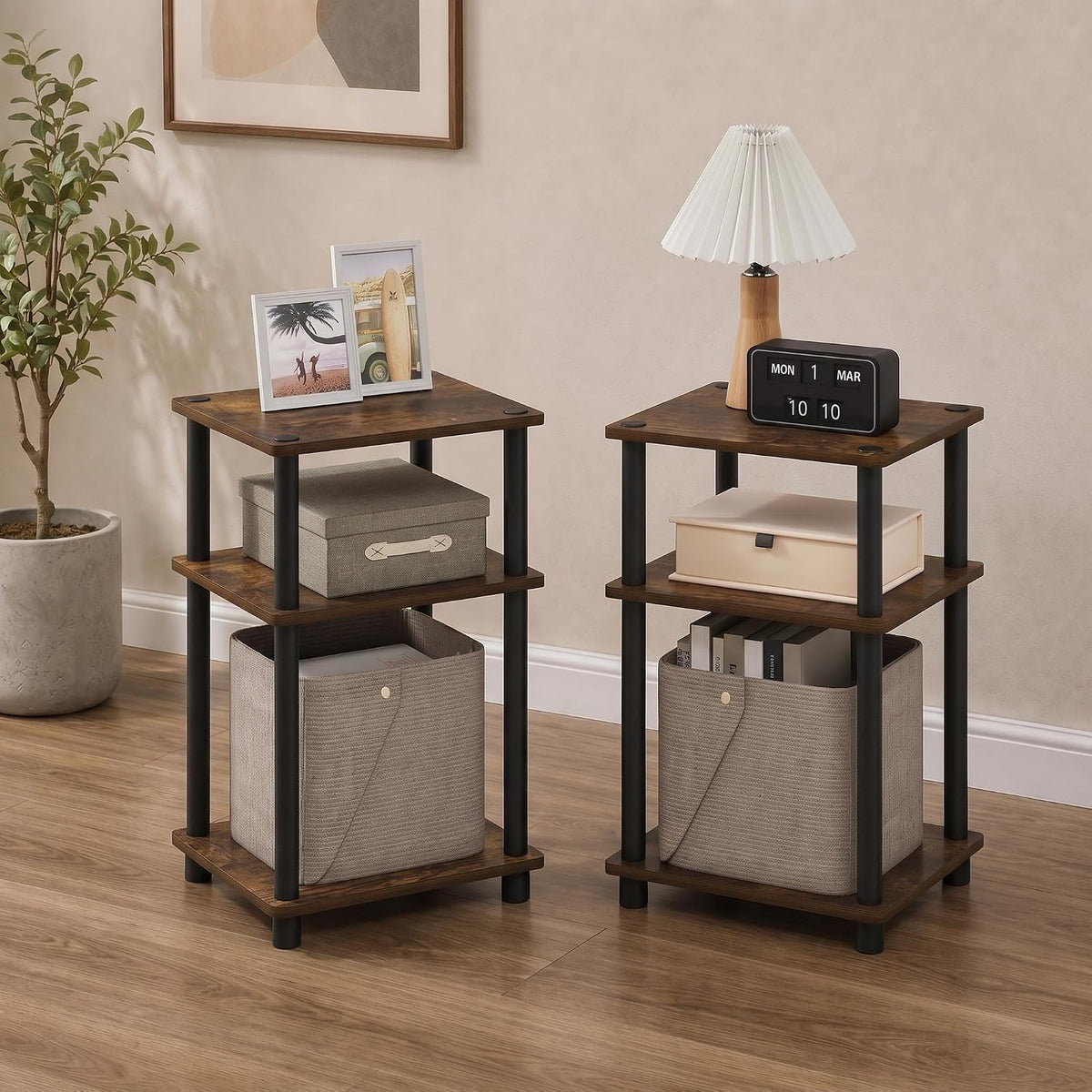 JUST Set of 2 Toolless Assembly 3-Tier Side Table, Amber Oak
