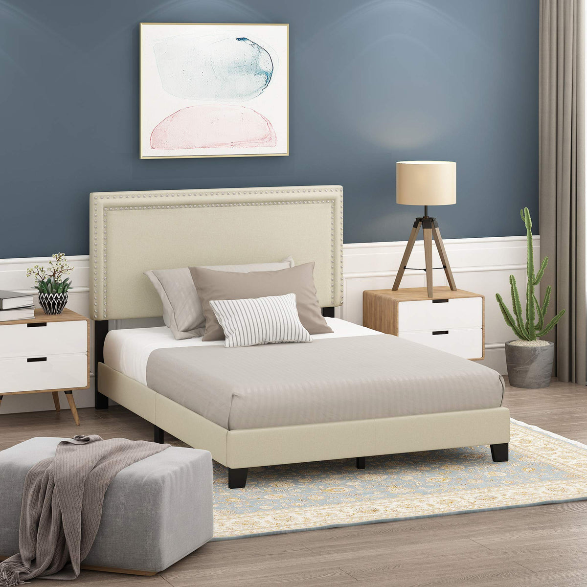 Laval Double Row Nail Head Upholstered Platform Bed Frame, Queen, Stone