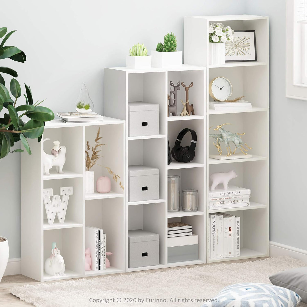 LUDER Book Shelf, 5-Cube Bookshelf, Reversible Bookcase, 9.4 x 19.5 x 31.5, Easy Assembly, for Living Room, Bedroom, Home Office, White