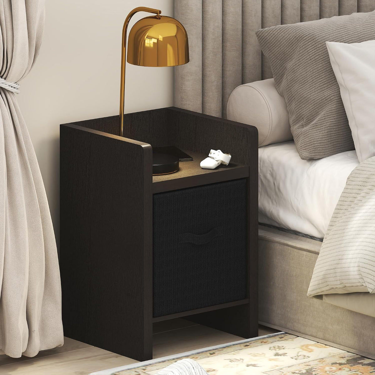 Viola Thick Frame Night Stand with Storage Bin, Dark Oak