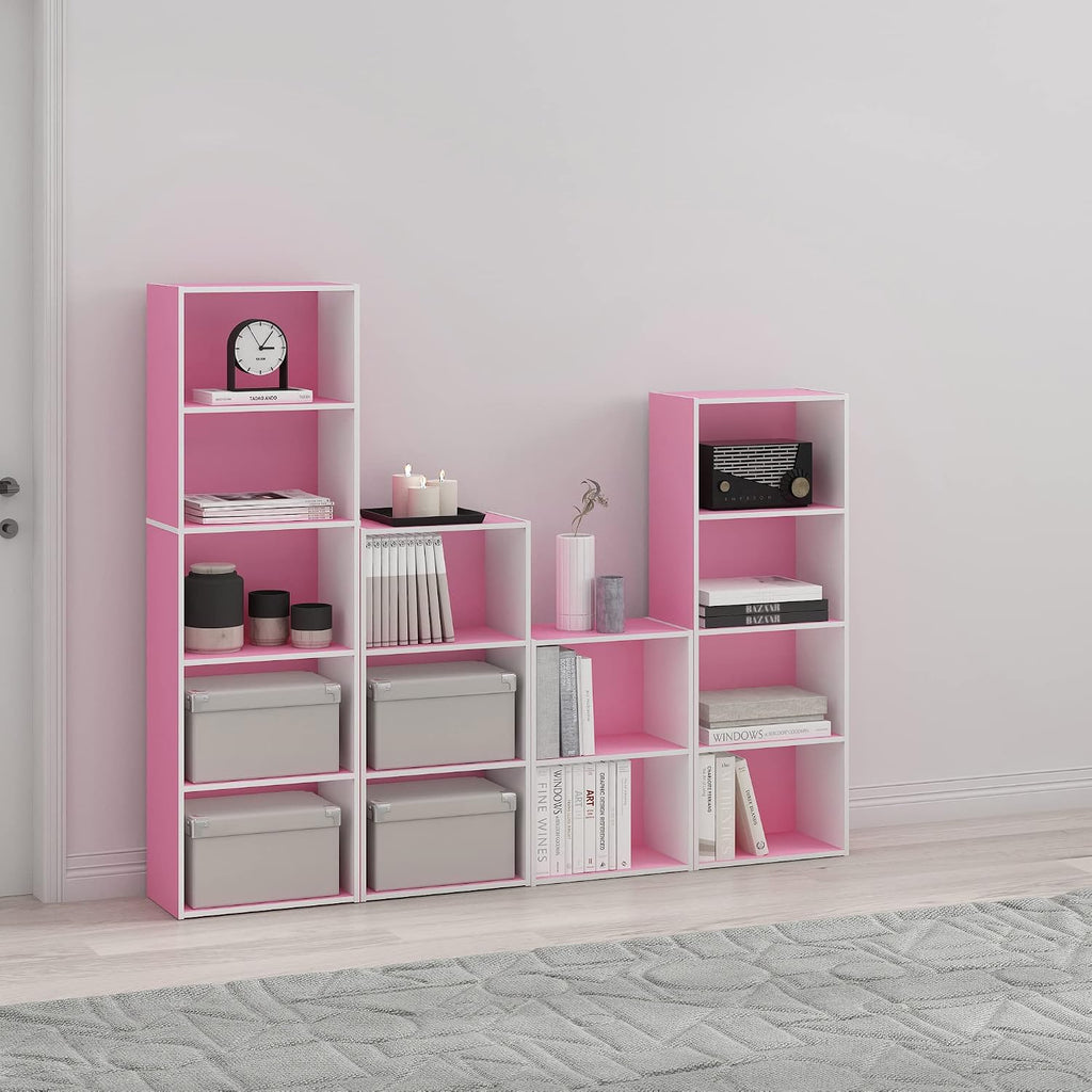 LUDER 3-Tier Book Shelf, Open Shelves Bookshelf, Pink/White