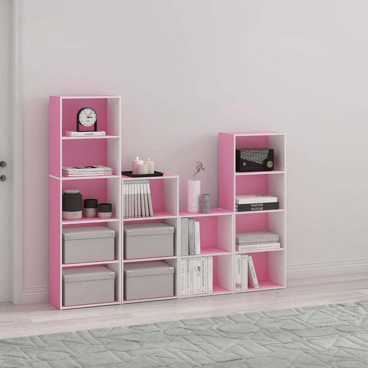 LUDER 3-Tier Book Shelf, Open Shelves Bookshelf, Pink/White