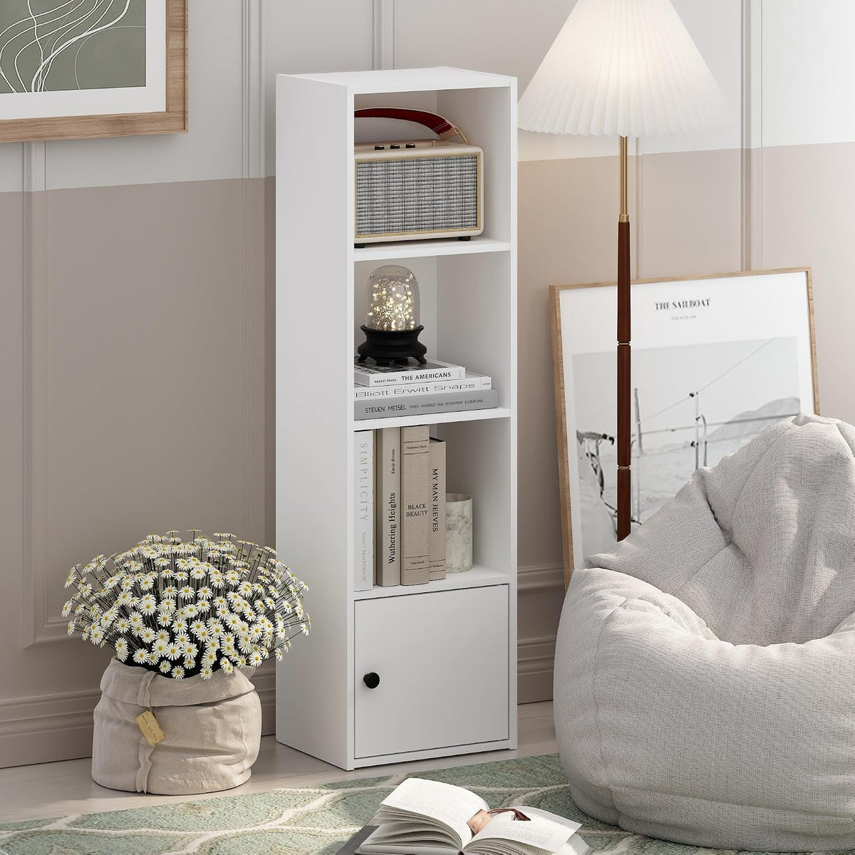 Luder Shelf Bookcase with 1 Door Storage Cabinet, White