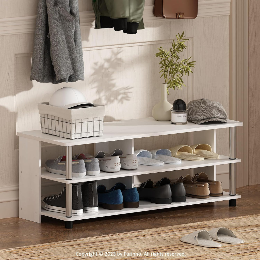 Turn-N-Tube Shoe Rack, 3-Tier Shoe Organizer, Compact Shoe Storage with Open Shelves and Stainless Steel Tubes, 15.5 x 41.1 x 15.8, for Closet Entryway, Office, Garage, White Oak