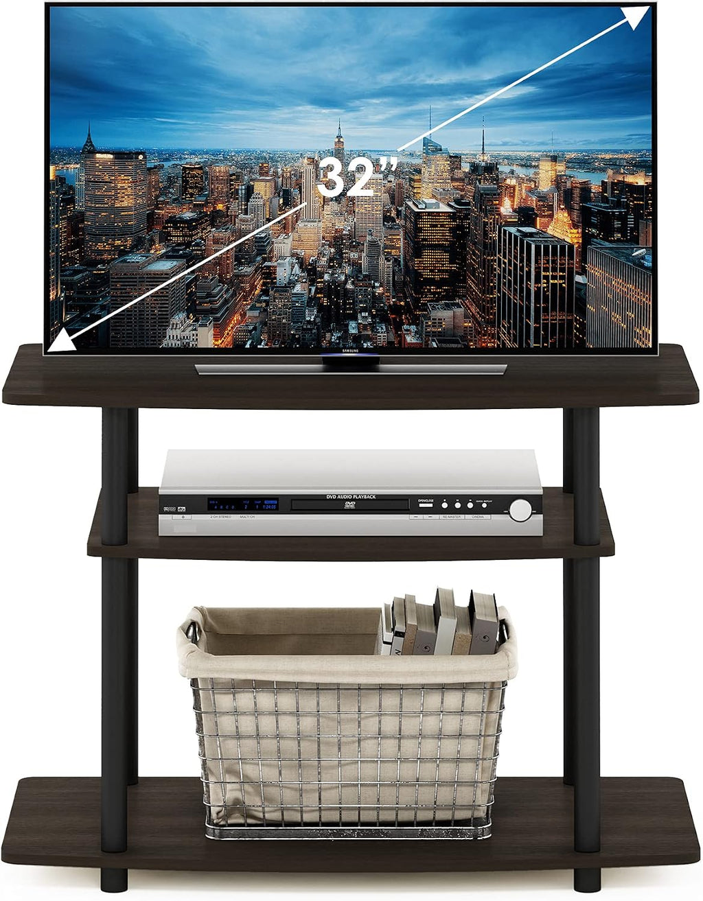 Turn-N-Tube No Tools 3-Tier Entertainment Center TV Stand for TV up to 32 Inch, Plastic Round Tubes, Dark Brown/Black