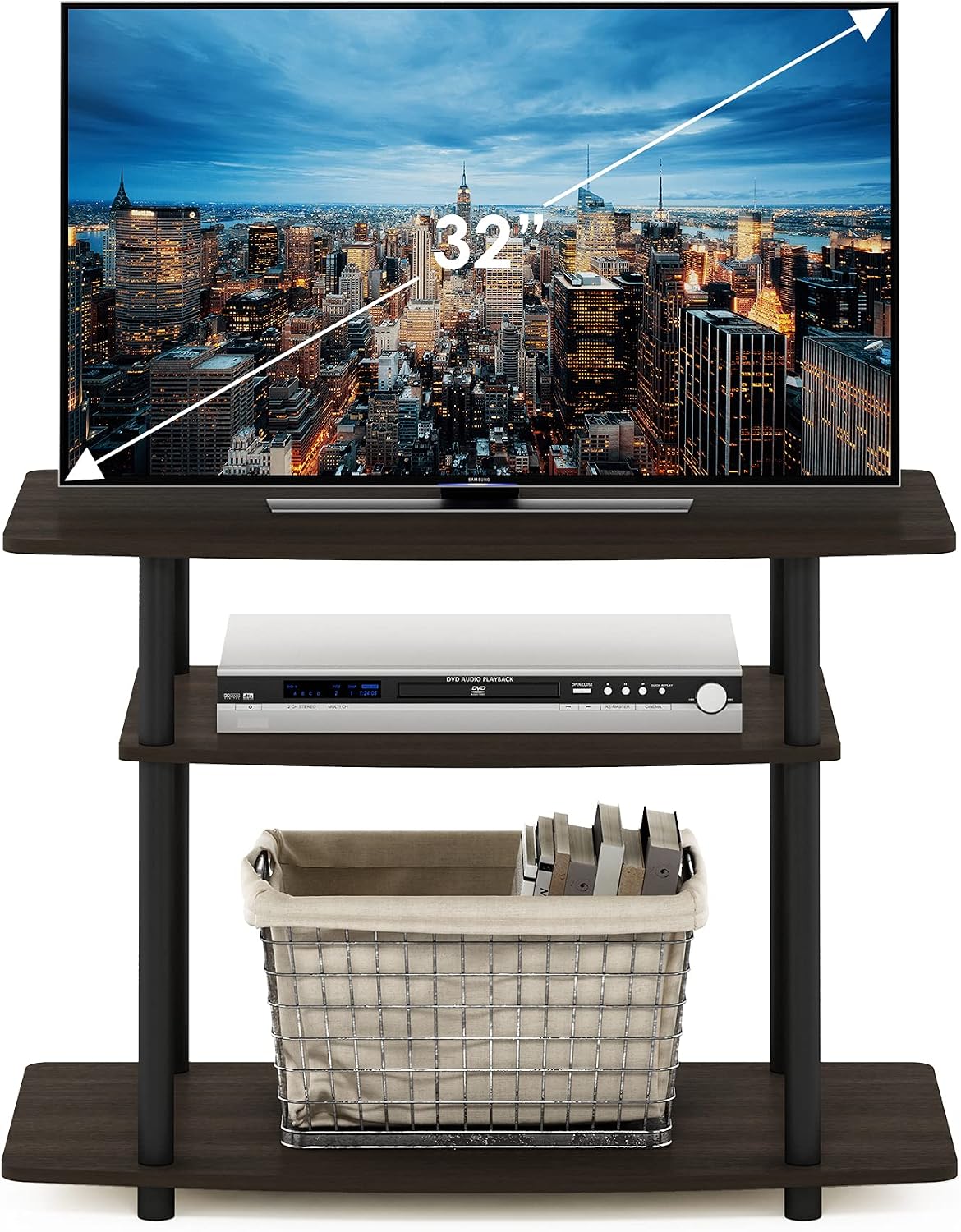 Turn-N-Tube No Tools 3-Tier Entertainment Center TV Stand for TV up to 32 Inch, Plastic Round Tubes, Dark Brown/Black