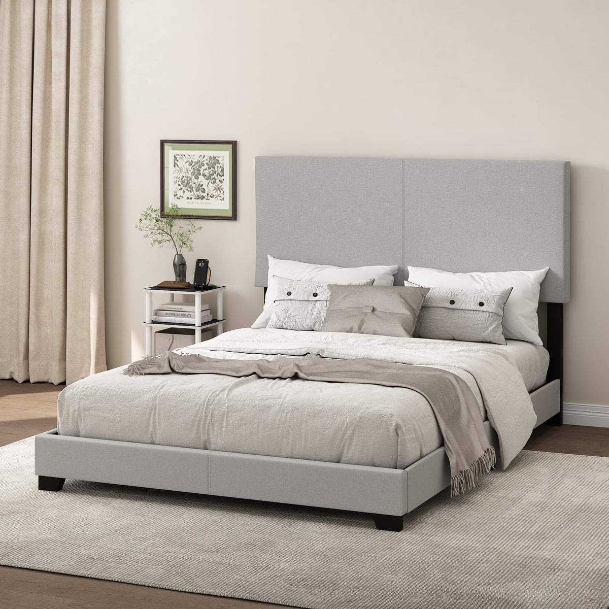 PESSAC Fabric Upholstered Bed Frame, Queen Size, Glacier