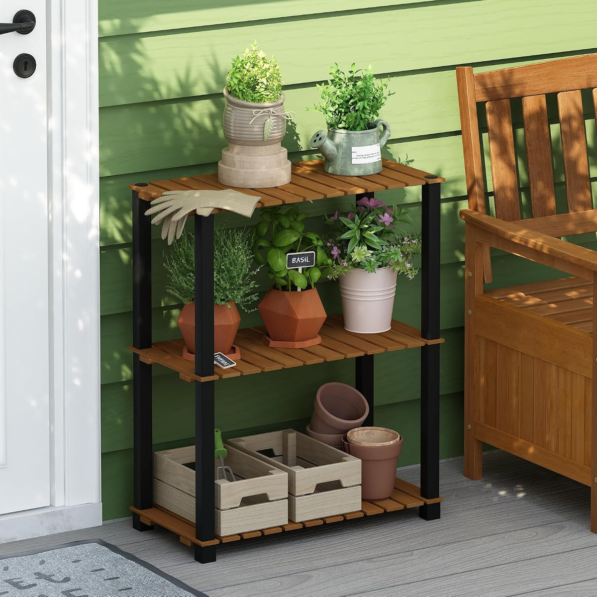 Pangkor 3-Tier Turn-N-Tube Indoor Outdoor Plant Shelf Wood Stand with Square Poles, Natural/Black