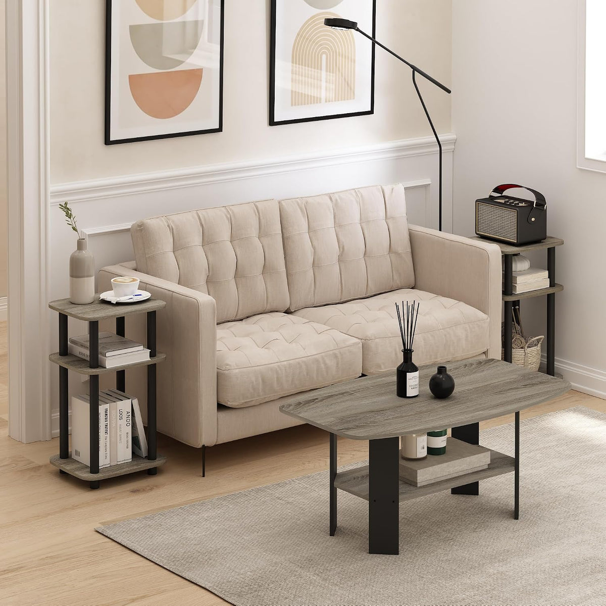 Turn-N-Tube Toolless 3-Tier Side Table Set of 2, Grey Oak