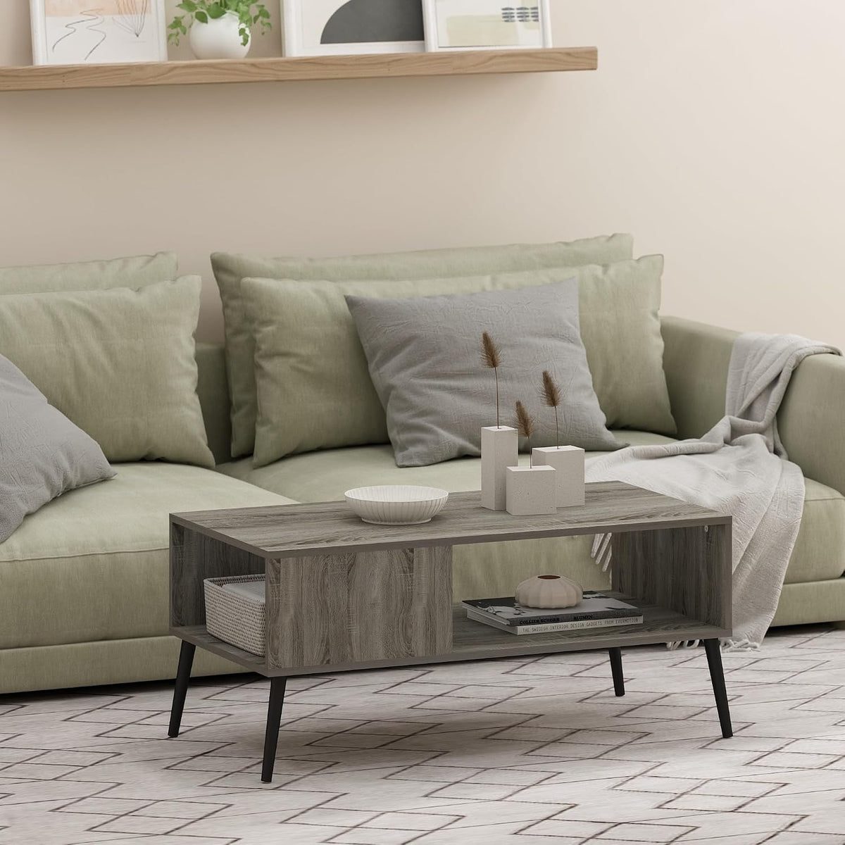 Claude 2-Tier Grey Coffee Table, Mid-Century Style Coffee Table with Wooden-Legs, Side Table with Open Shelf, for Living Room, Bedroom, Home Office, Grey Oak