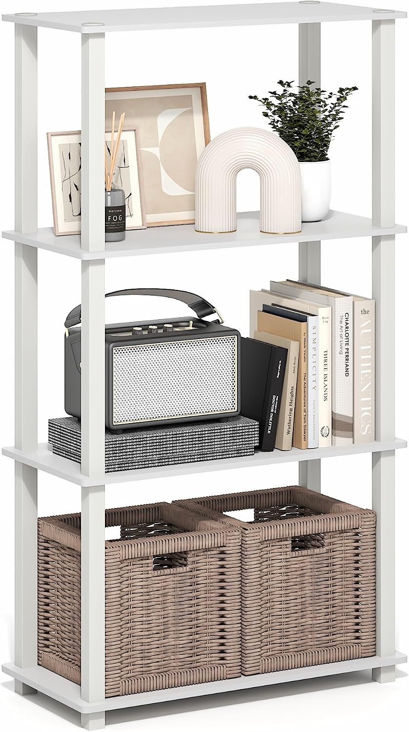 Turn-S-Tube Storage Shelves, 4-Tier Book Shelf, Corner Shelf, Toolless Open Frame Standing Shelves, for Organization and Storage, Living Room, Garage, Home Office, White