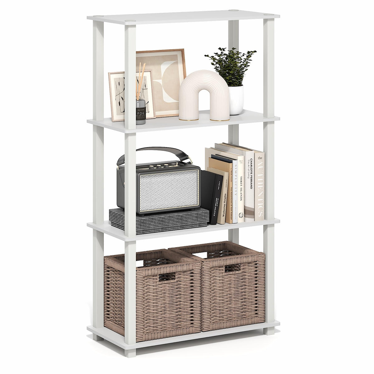 99152BE/WH/IV 3-Tier Go Green Multipurpose Storage Rack Shelving Unit Bookshelf Cabinet with 2 Bins, Beech Finish