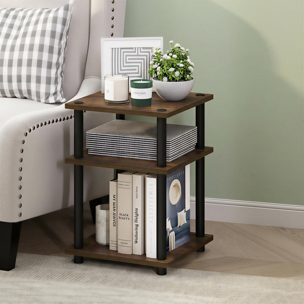 Turn-N-Tube Toolless Assembly Side Table, White 3-Tier End Table, Night Stand, Bedside Table for Living Room, Bedroom, Home Office, Plain White/White