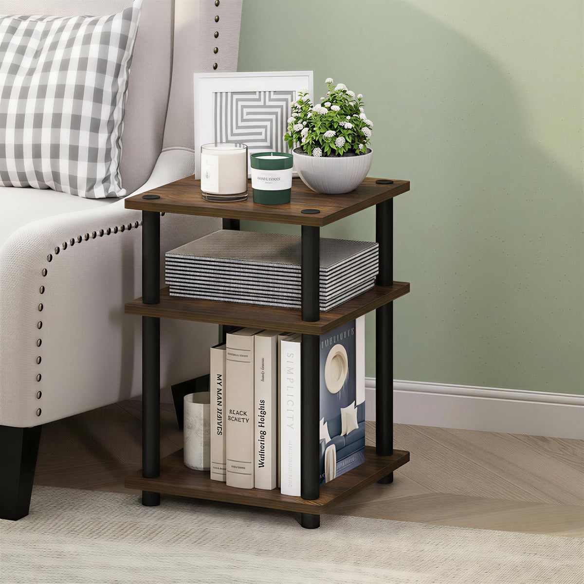 Turn-N-Tube Toolless Assembly Side Table, White 3-Tier End Table, Night Stand, Bedside Table for Living Room, Bedroom, Home Office, Plain White/White