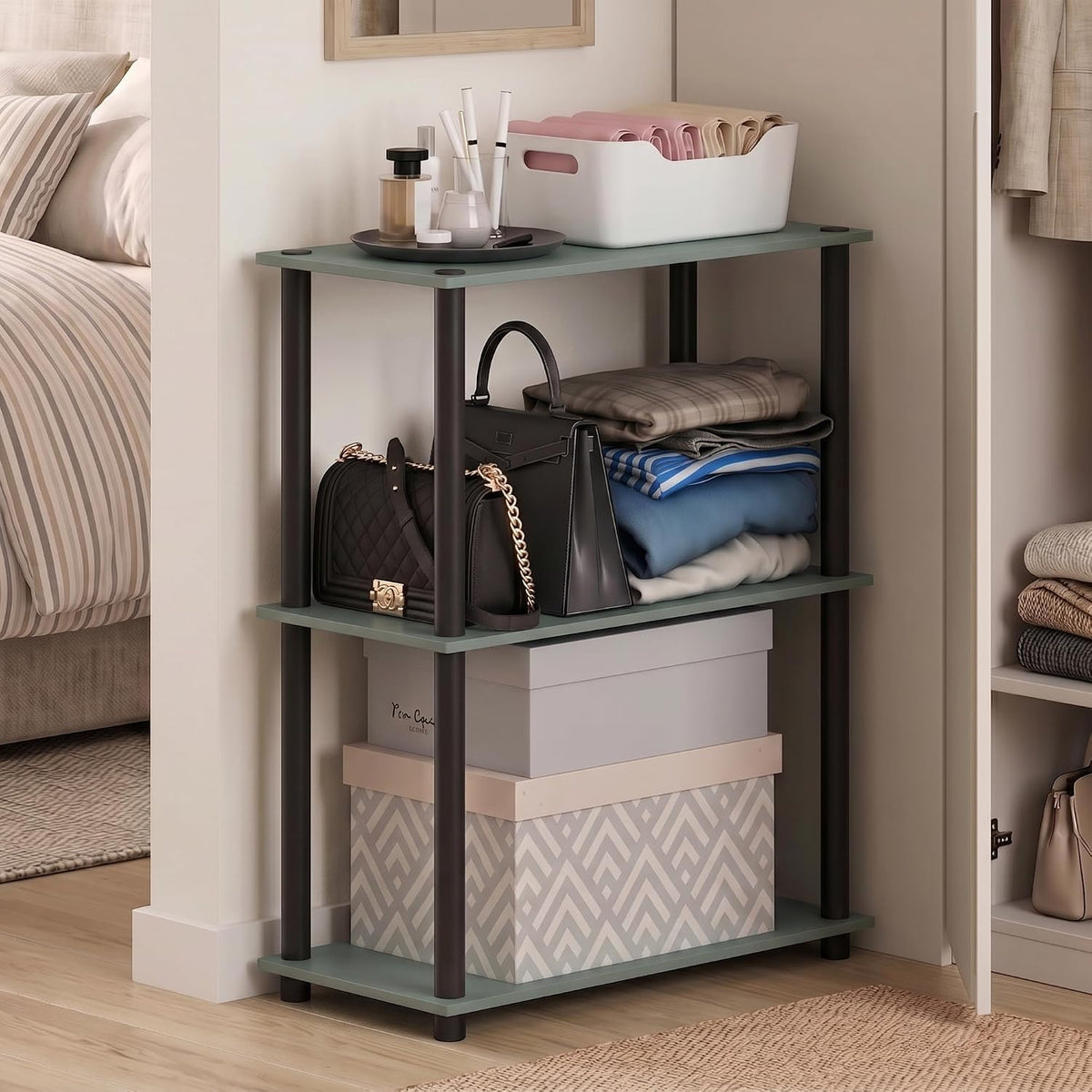 Turn-N-Tube Toolless Assembly 3-Tier Closet Shelf, Sage Green