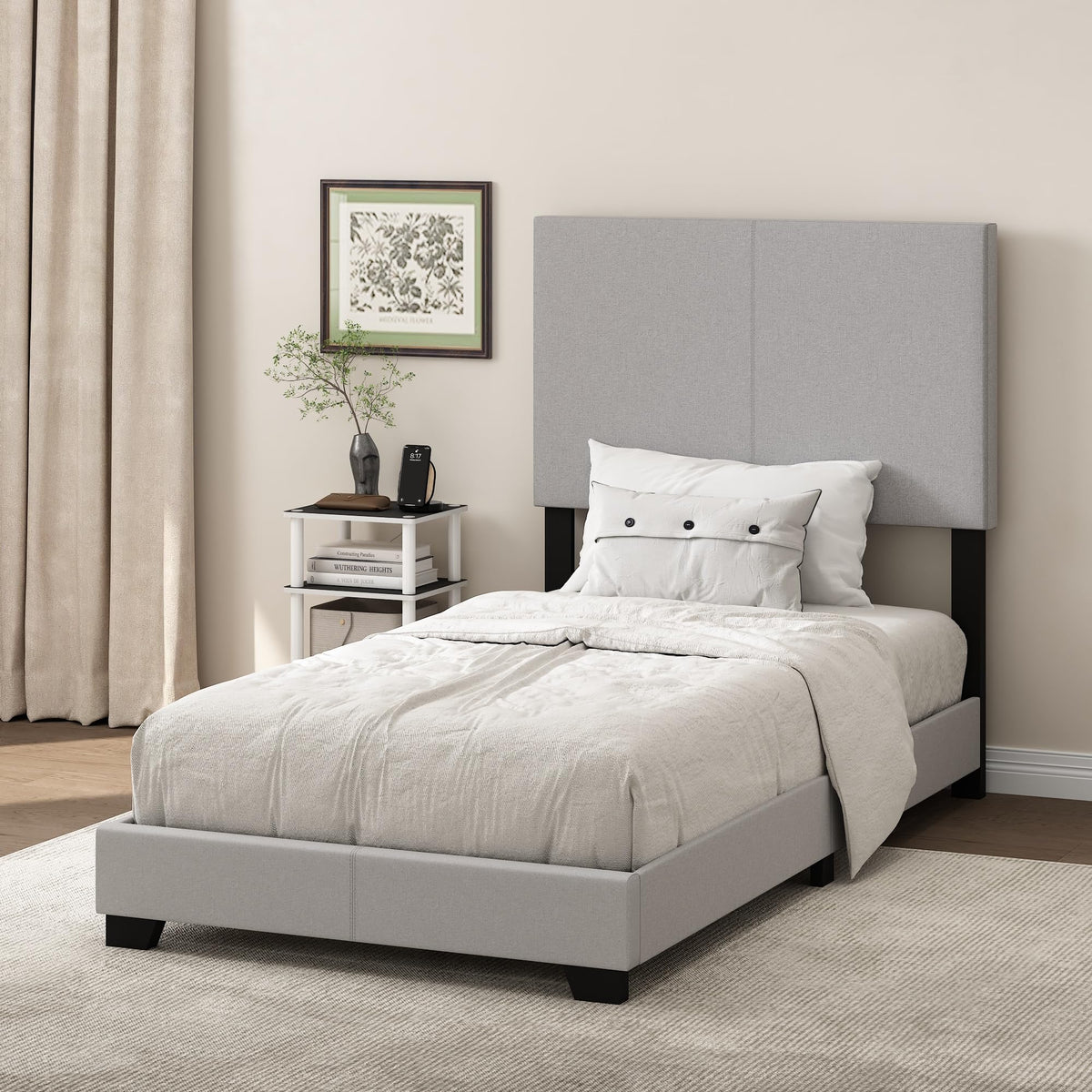 PESSAC Fabric Upholstered Bed Frame, Queen Size, Glacier