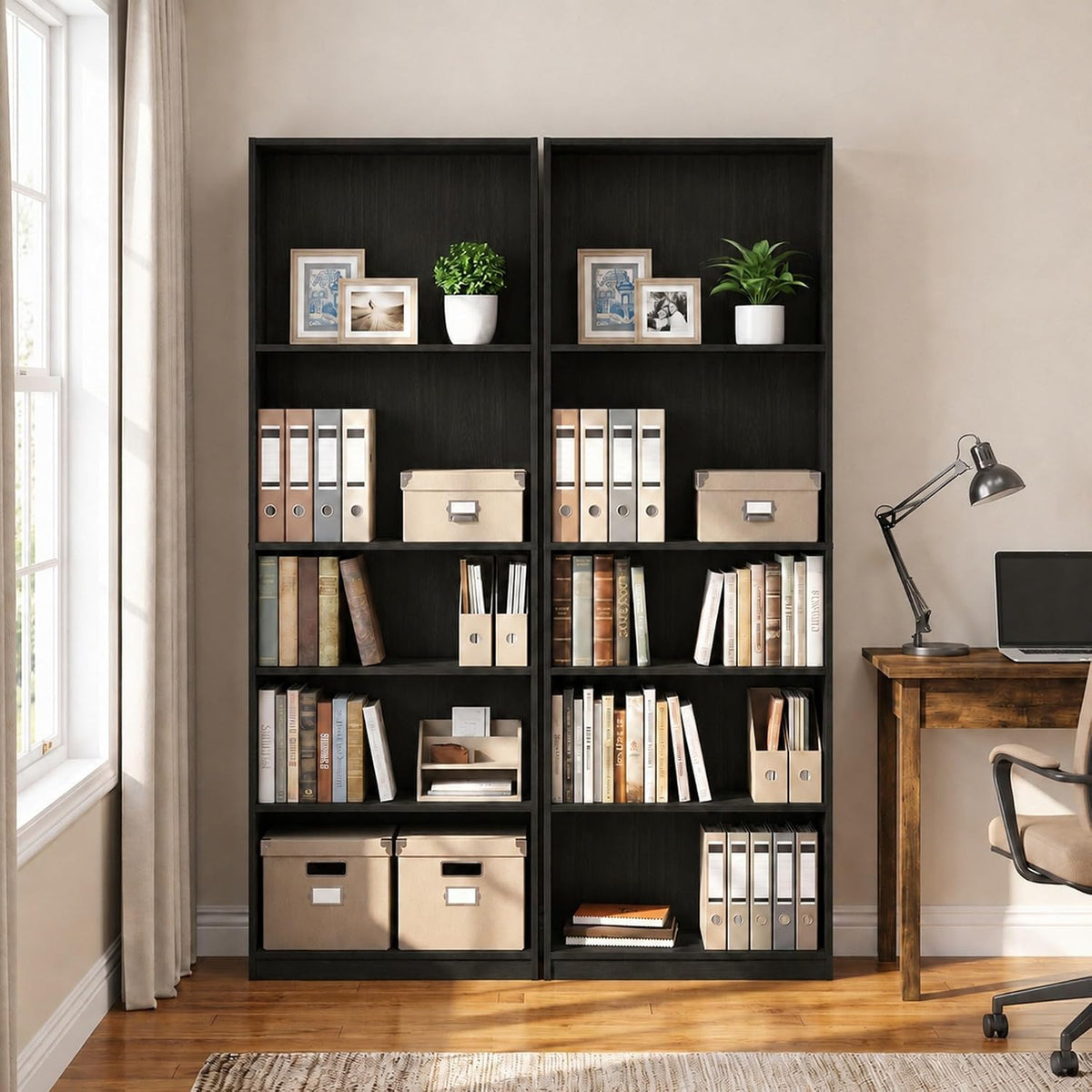 Jaya 5-Tier Book Shelf with Open Shelf Set of 2, Black Espresso