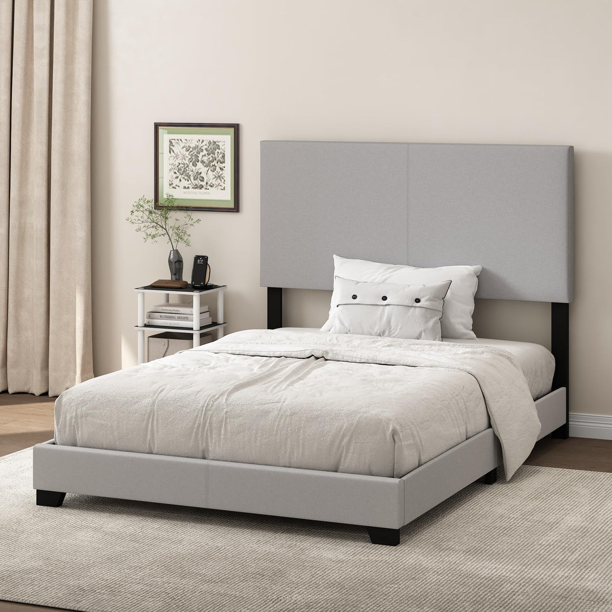 PESSAC Fabric Upholstered Bed Frame, Queen Size, Glacier