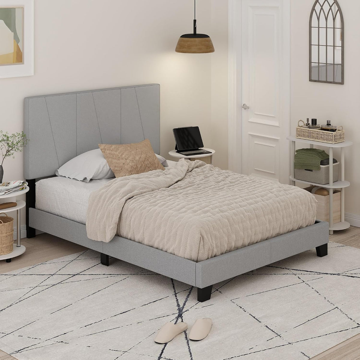 Lucy Bed Frame, Full Size Bedframe with Geometric Design Upholstered Headboard, Bed with Adjustable Headboard, No Box Spring Needed, 12pcs Wooden Slat Support, for Bedroom, Dorm, Glacier