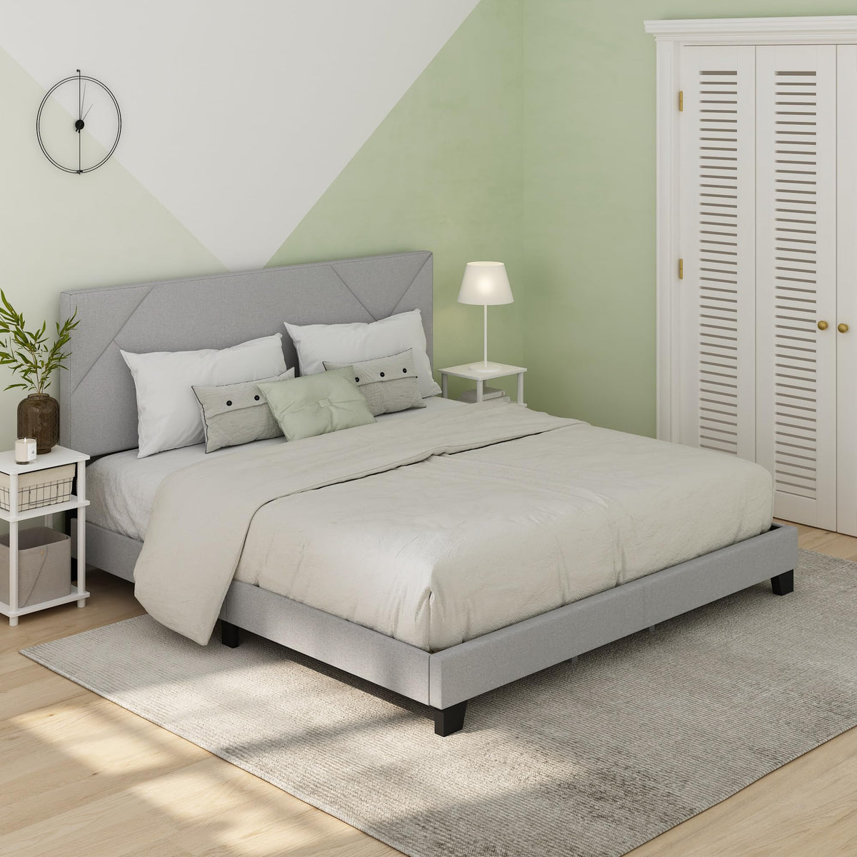 Lucy Bed Frame, Queen Size Bedframe with Geometric Design Upholstered Headboard, Bed with Adjustable Headboard, No Box Spring Needed, 12pcs Wooden Slat Support, for Bedroom, Dorm, Glacier