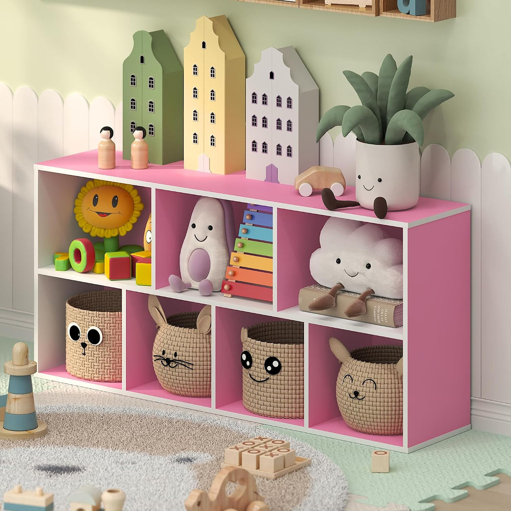 LUDER 7-Cube Book Shelf, Kids Bookshelf, Toy Storage, White/Pink