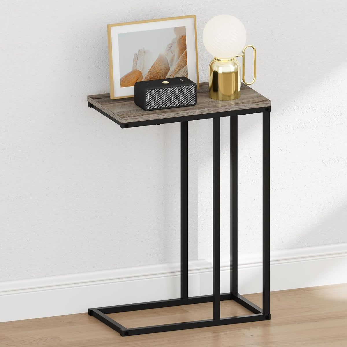 CAMNUS Night Stand, C-Shape Nightstand, Metal Frame Side Table, End Table, Bedside Table, for Living Room, Bedroom, French Oak Grey