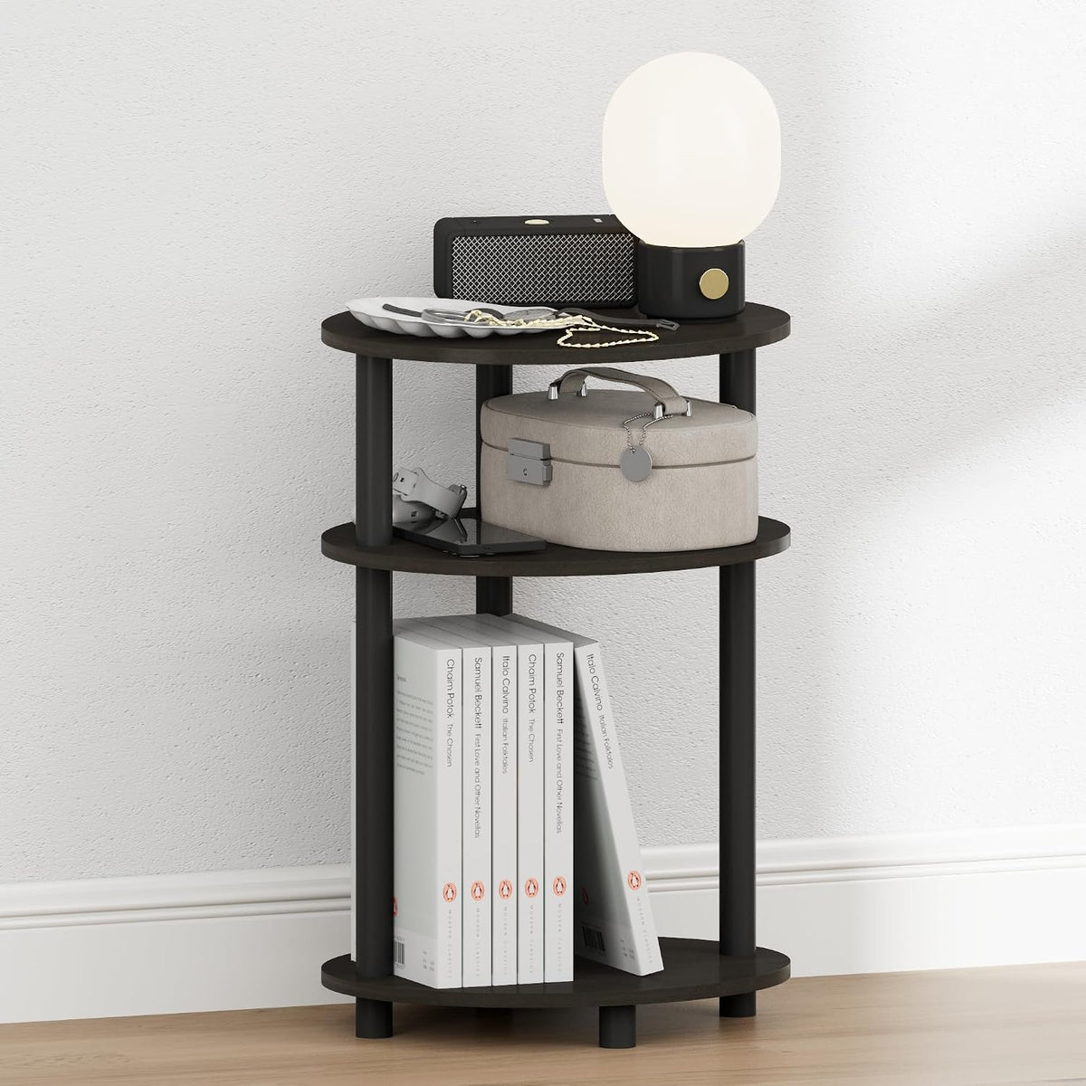 Turn-N-Tube 3-Tier Oval Night Stand, Toolless Assembly Narrow Nightstand, Modern Compact Side Table, End Table, for Living Room, Bedroom, Espresso
