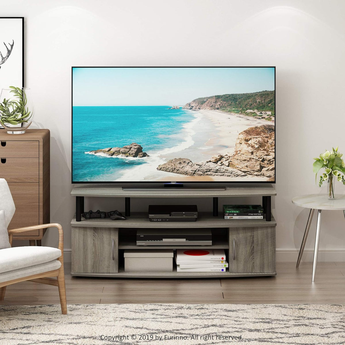 JAYA Large Entertainment Stand for TV Up to 55 Inch, French Oak Grey/Black