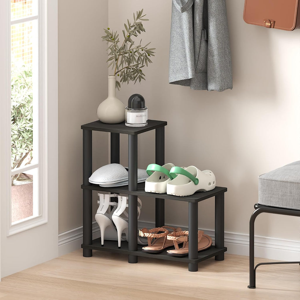 Turn-N-Tube Toolless Assembly 2-Tier Ladder Shape Black Book Shelf with Open Frame Design, Corner Shelf, Open Shelves, for Living Room, Garage, Home Office, Black Espresso